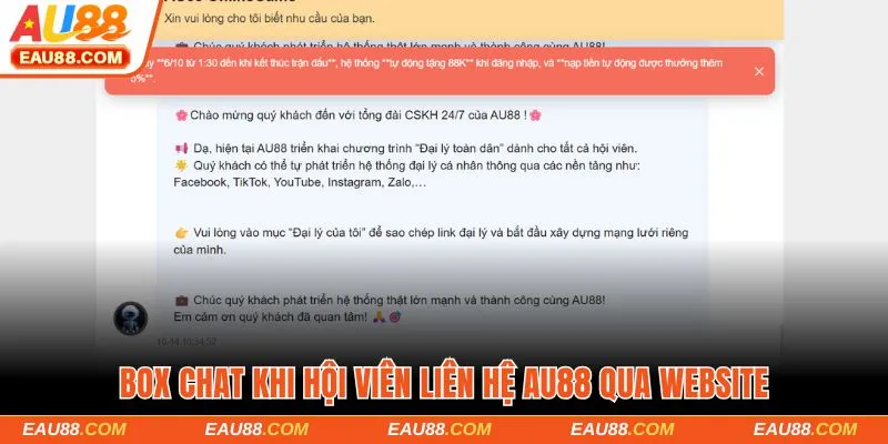 Box chat khi hội viên liên hệ AU88 qua website